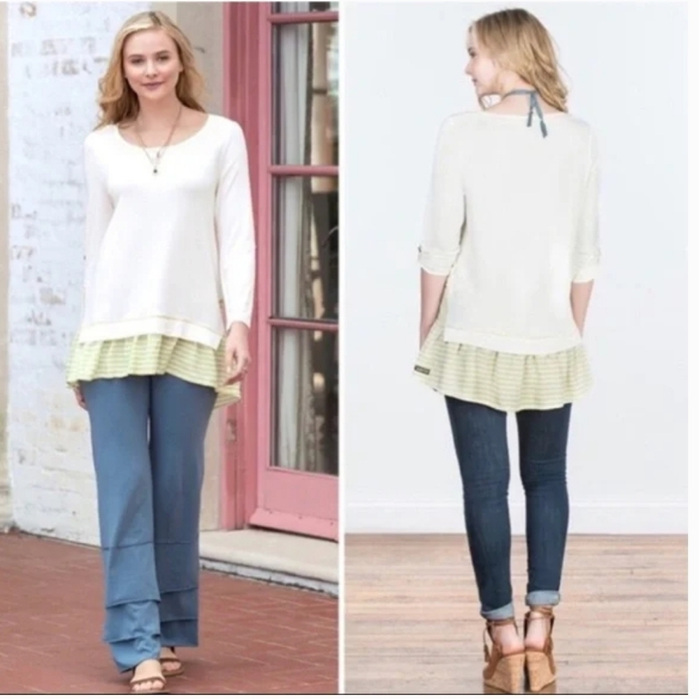 MATILDA Jane Small Ventriloquist Tunic‎ Top Cream Green Roll Tab Sleeves Layered